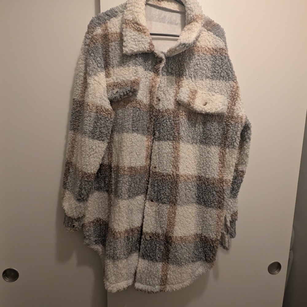 SHEIN Plaid Teddy Jacket - Cream, Gray, and Tan